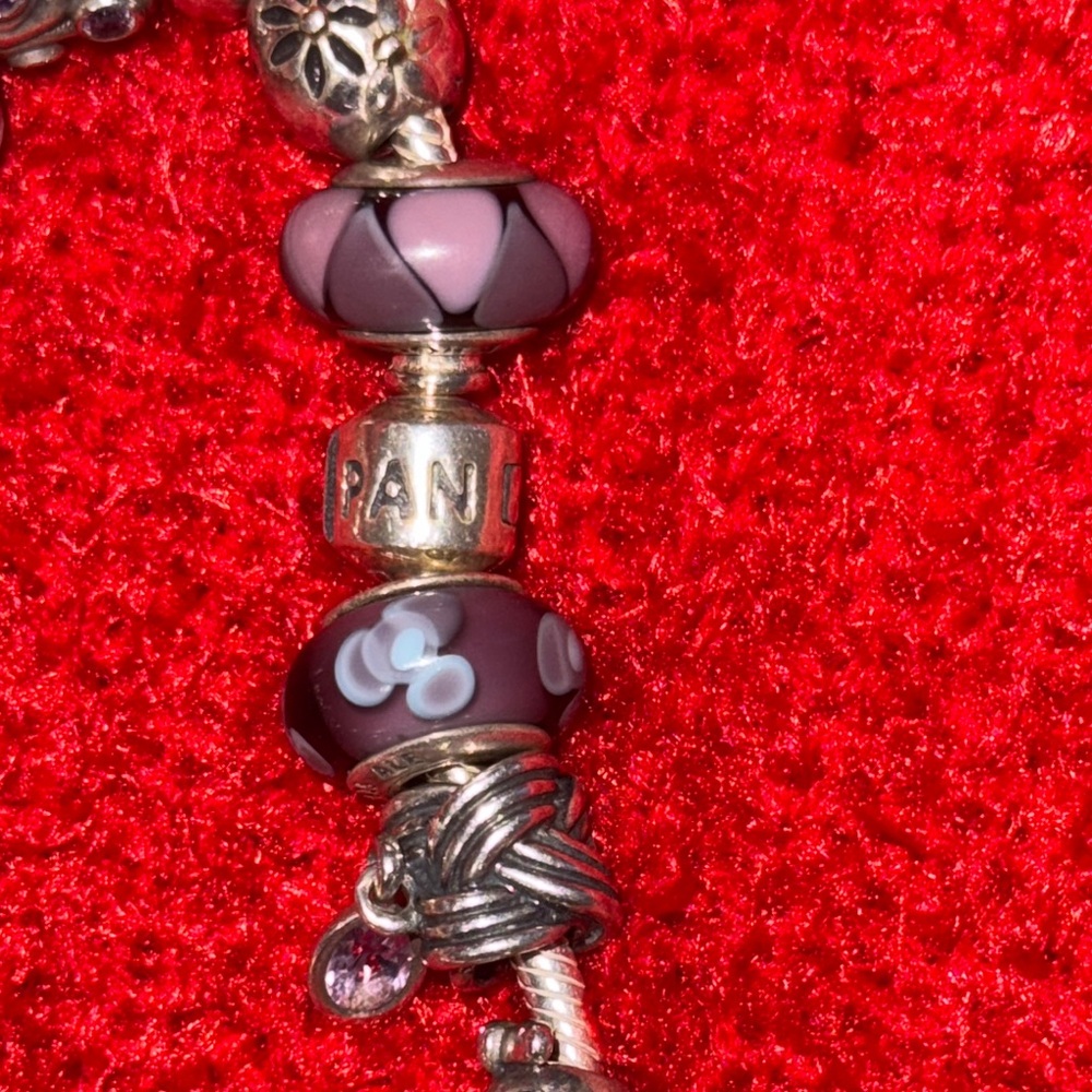 Pandora Silver and Purple Charm Bracelet with Iridescent Beads - Picture 6 of 9